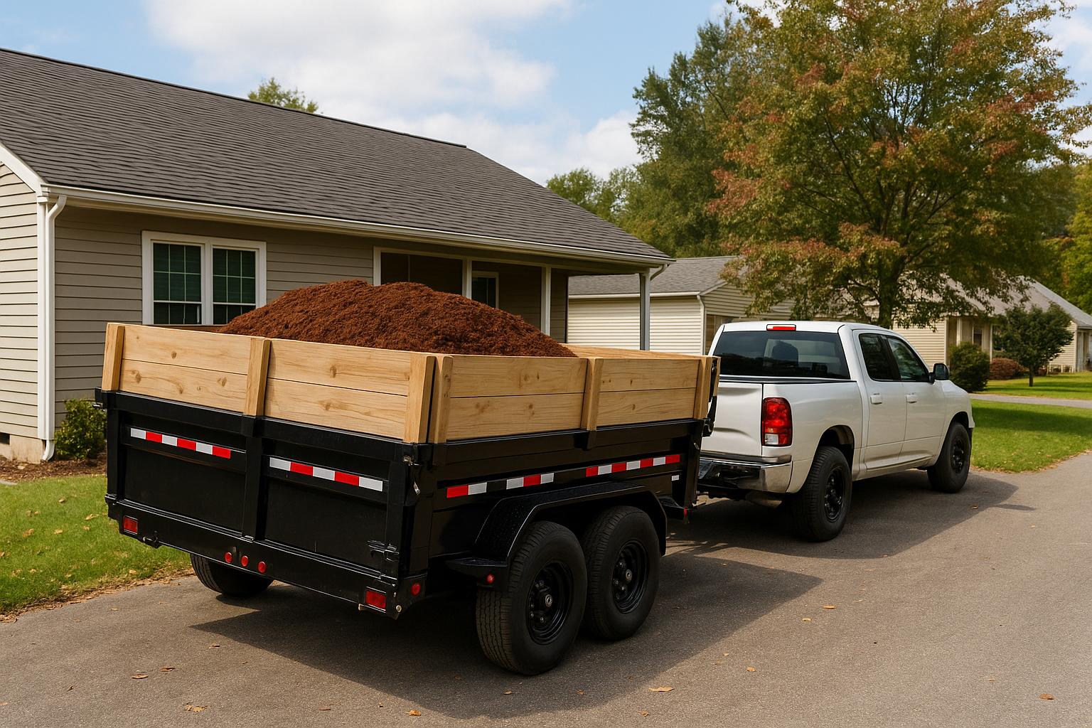 Dump trailer delivering materials to a driveway